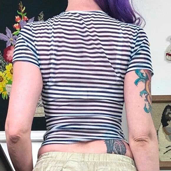 Vintage Navy & White Stripe Mesh Baby Tee, 1990s Calvin Klein Cropped T-Shirt S - Picture 7 of 13